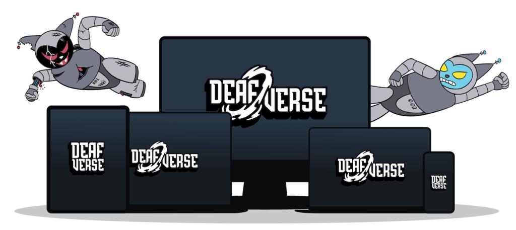 Image of Deafverse logo on computer monitor, laptops, tablets and phone with two Catbots fighting in the background.