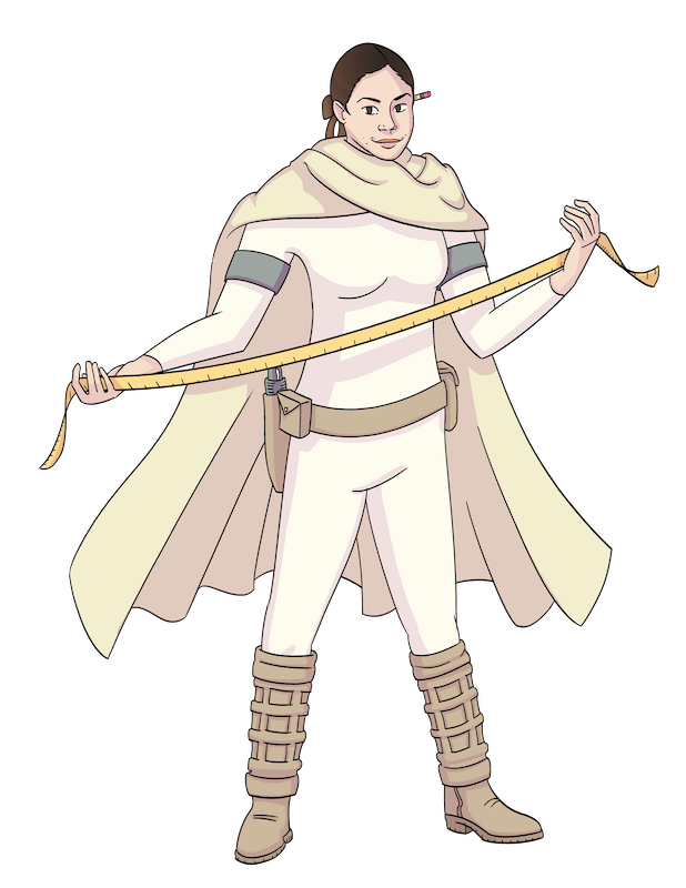 A cartoon of Brigitte dressed in Jedi robes, posing with tape measure in her hands, her left eyebrow cocked, a grin on her face.