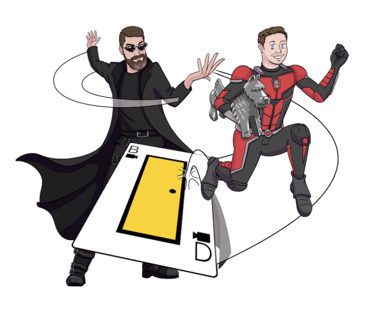 Bradley wears a black outfit with a black trench coat. Next to him is Ruan in a red and gray suit holding a dog in one arm. Between them is a playing card designed with a yellow door in the middle, with the letters "B" and "D" and the video camera icon.