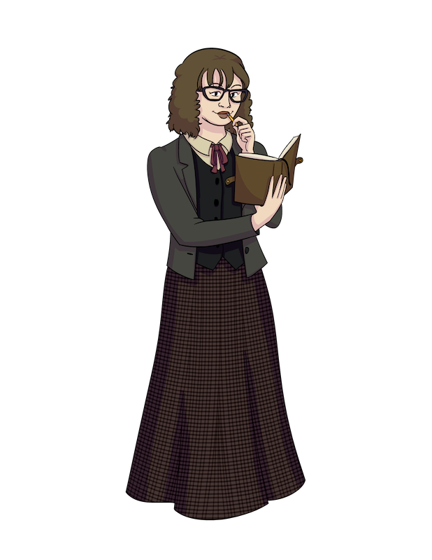 Carrie Lou wears a vintage teacher's outfit with a long skirt. Holding up an open book, she looks inside it while holding a pencil in her mouth.