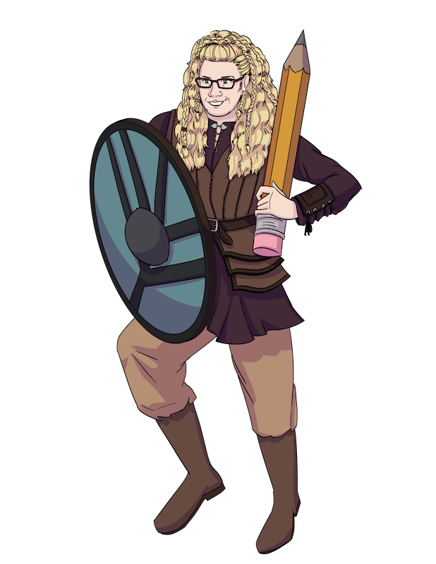 Lore as Lagertha, complete with a round shield in one hand but an oversized pencil that could look like a sword in the other hand.