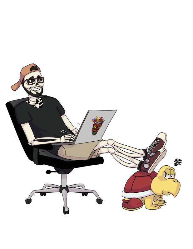 Omar is drawn as one of the characters from Disney/Pixas’s Coco. A skeleton with glasses, black shirt, baseball cap on backwards, tan shorts, and Converse shoes. He is leaning back in a rolling office chair, feet up on an angry Koopa like an ottoman. A laptop is on his lap, a Mario 64 star sticker in the middle of the back of the laptop.