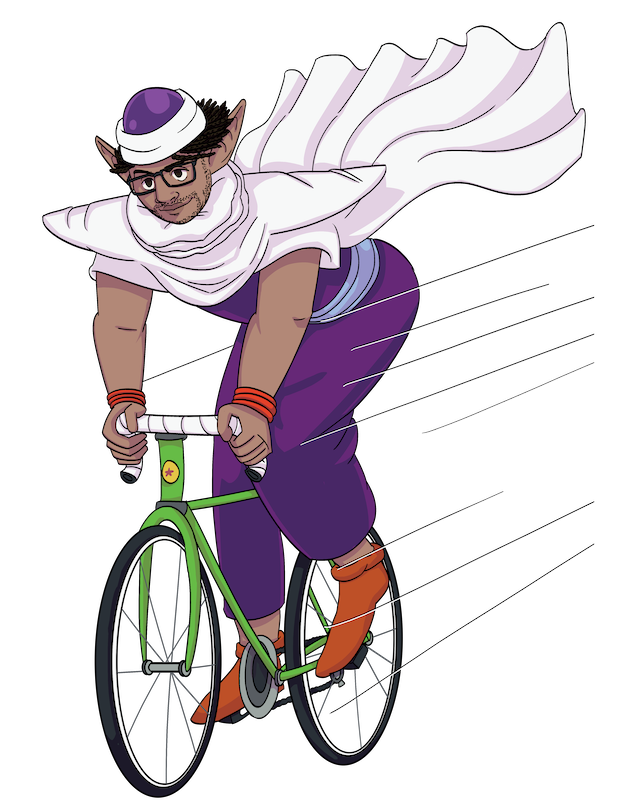 William in Piccolo attire, speeding along in a bicycle, in a leaned-over racing pose.