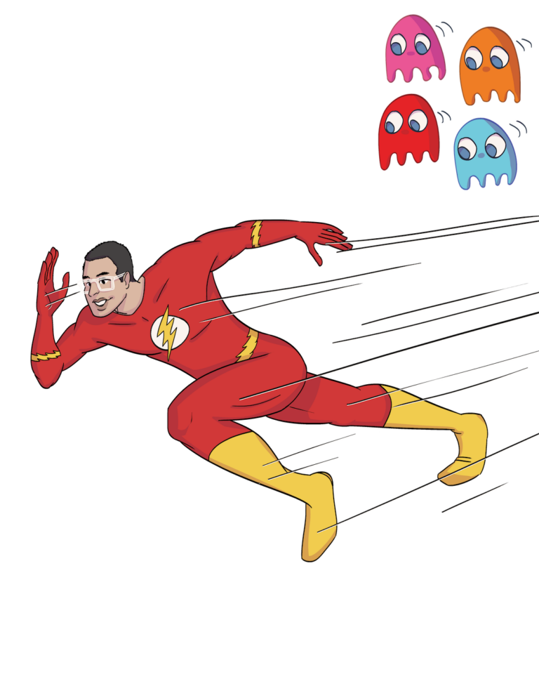 Andres as The Flash (without the helmet), mid-run with several lightning bolts around him, running away from the Pac-Man ghosts that trail behind him in the distance.