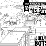 Black & white comic book cover image with "NATIONAL DEAF CENTER" on a black bar across the top and a tab on the left holding the NDC logo. In smaller text over tab: "World One SELF-ADVOCACY". The Deafverse logo follows showing the word "DEAF" entering a electric portal on the left and "VERSE" exiting out from the right. Scene depicted shows two catbots, robots that look like cats, flying midair using jets from their legs and fighting. One catbot looks beat up with broken pieces and exposed wires while the other is cleaner and more well-maintained. They hover over a city street scene that shows people on the sidewalks looking up, buildings lining the streets, and trees and a river in the background. Shadows on the street spell out the words "DUEL OF THE BOTS".