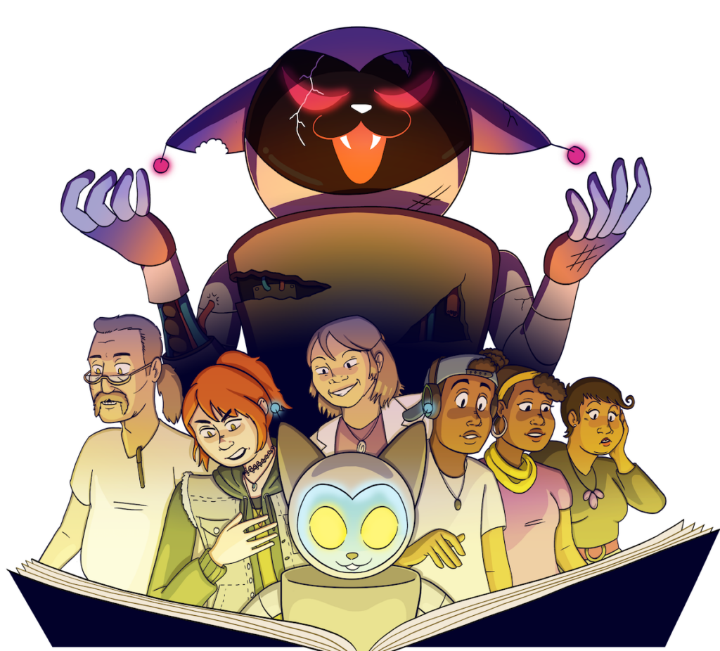 Move-style poster with Deafverse logo at the top. Below, illustrated versions of Deafverse's cast and Catbot read a book, while a large Evil Catbot looms in the background.