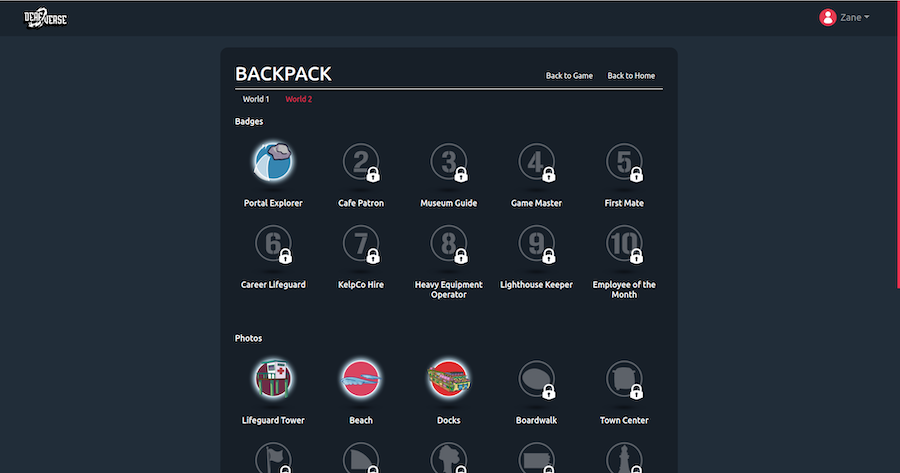The Backpack Menu full of World Two’s collectibles, some unlocked and others locked.