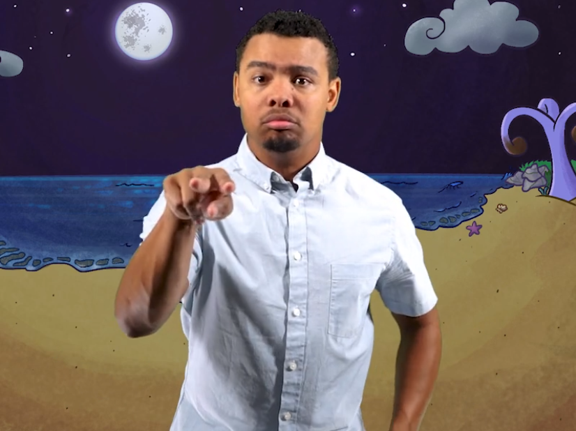 Justin, the Deafverse Narrator, is signing “Look” while appearing shocked in front of an illustrated moon-lit beach background.