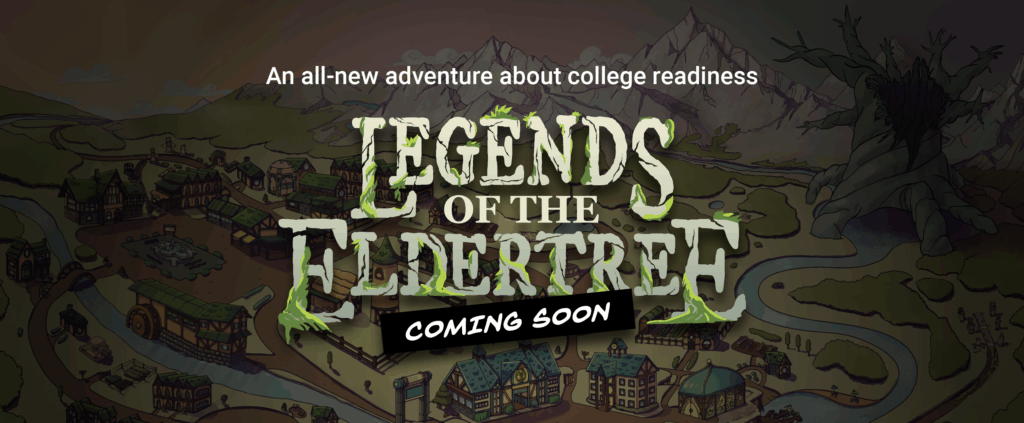 A banner for the new Deafverse world, Legends of the Eldertree! Image Description: A banner reads: “An all-new adventure about college readiness”. The Legends of the Eldertree logo is the focus of this image. The text looks like stone, with moss and lichen sticking to the text. Text placard affixed to the bottom of the logo reads: “Coming soon”. In the background of the image, Eldertree Vale, a humble college town in a valley with mountains on the horizon, appears to be inviting you to explore it. An unfathomably massive tree looms above everything.